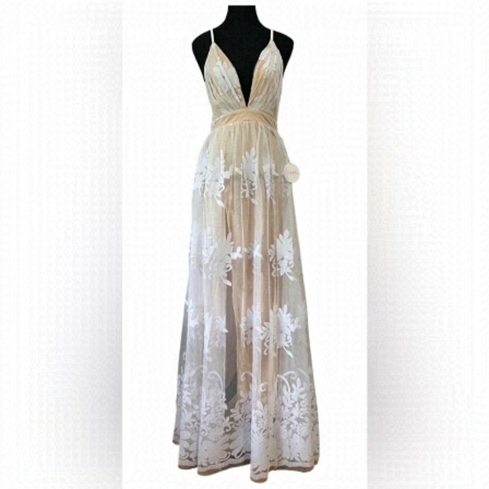Luxxel, Women’s Long V-Neck Illusion Open Back Dress - White/Nude. Size: S. NWT